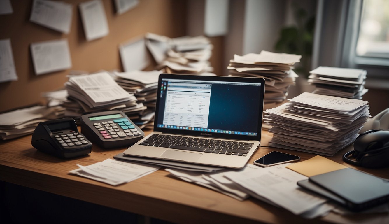 A cluttered desk with a laptop open to an Amazon seller account, surrounded by receipts, invoices, and a calculator. A list of cost-cutting strategies is pinned to the wall