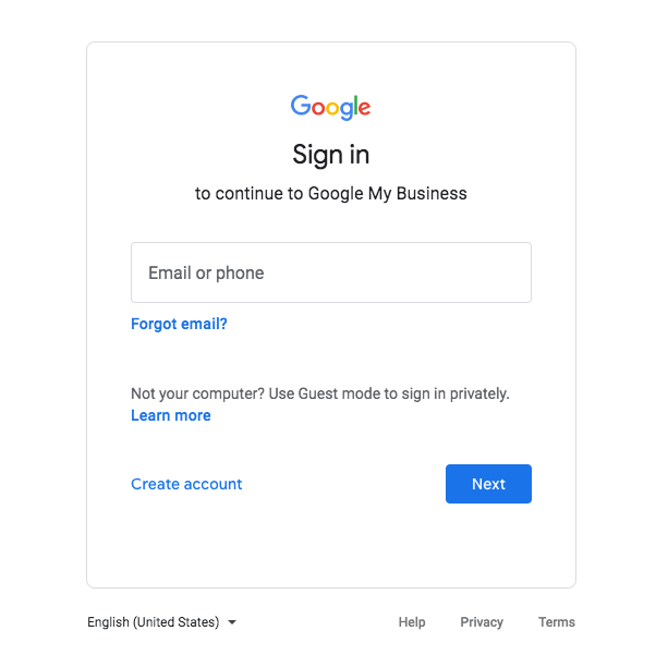 Google My Business Signup page.