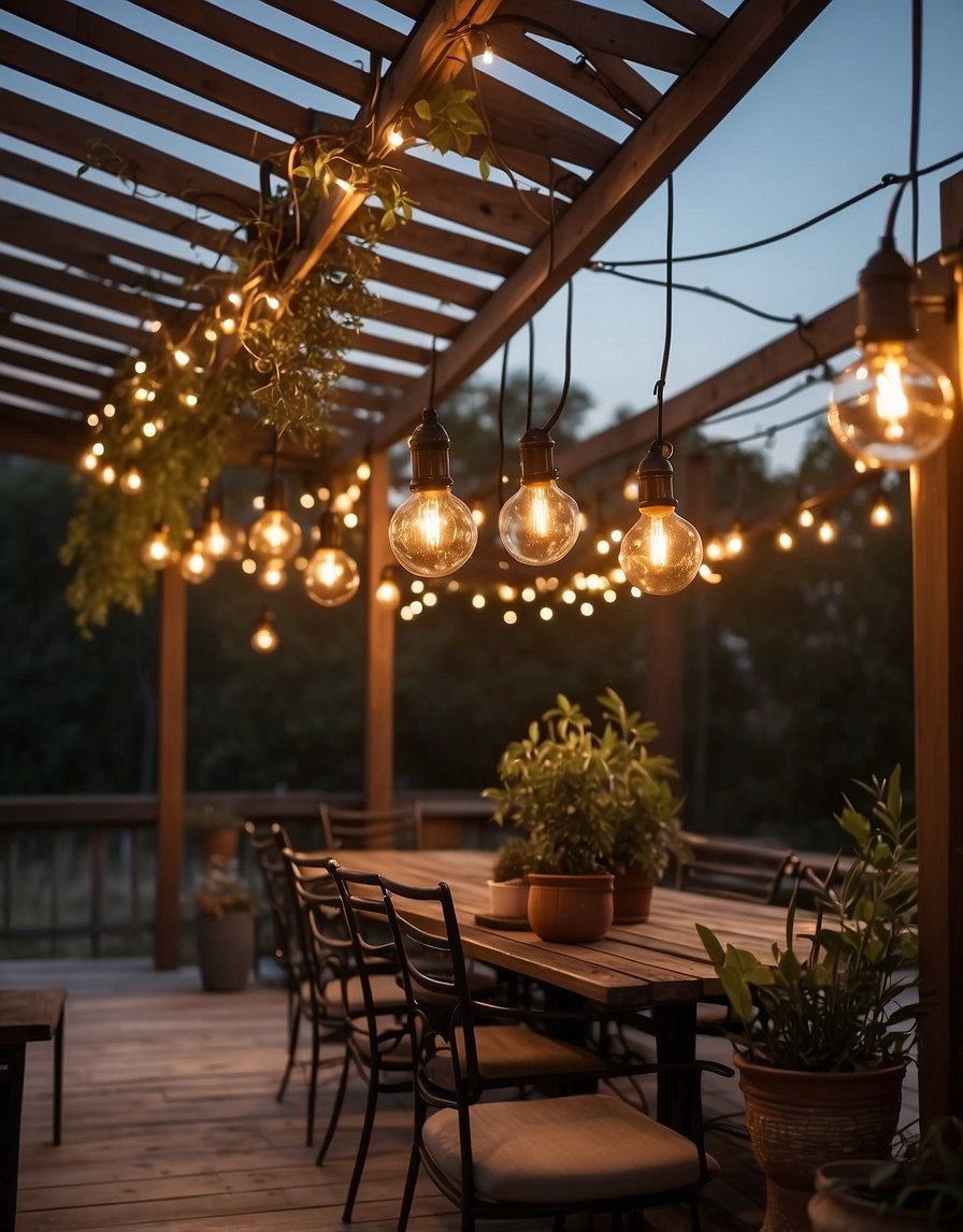 A pergola adorned with Edison bulb lighting, casting a warm and inviting glow over the space