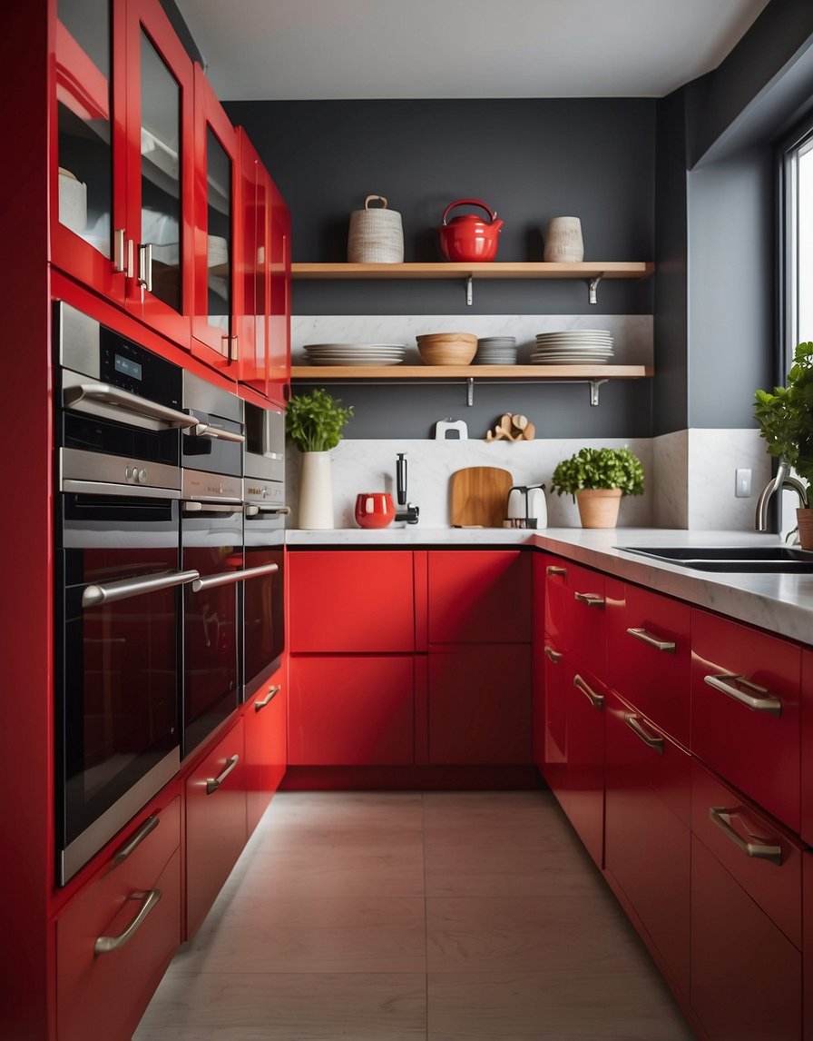 A bold red kitchen cabinet stands out against a neutral backdrop, adding a vibrant pop of color to the room