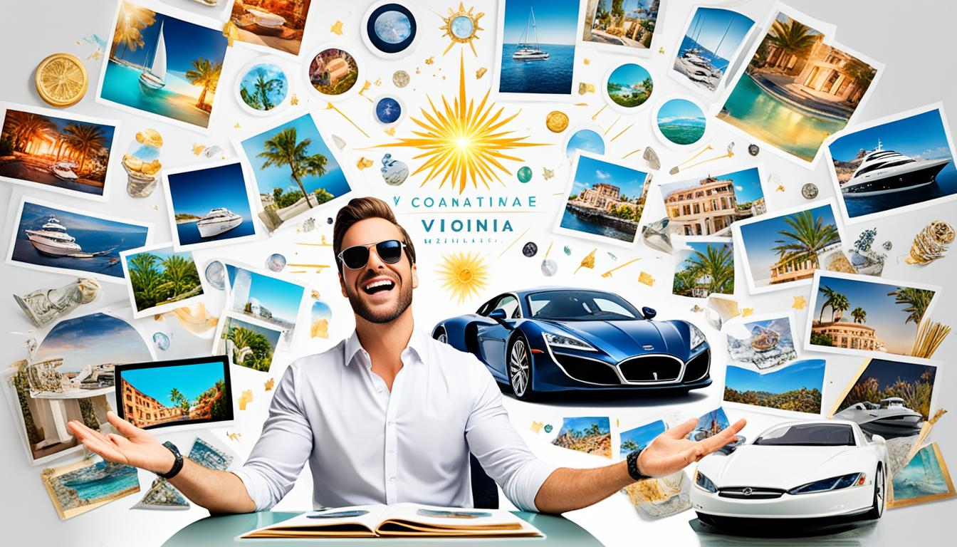 An image of a person sitting in front of a vision board filled with images of luxurious items such as a fancy car, a yacht, and a mansion. The person has their eyes closed and is visualizing themselves living in abundance and financial prosperity. Rays of light emanate from the vision board, symbolizing the manifestation of their dreams into reality. The person is dressed in professional attire, highlighting their determination and focus on achieving their goals. Surrounding the vision board are images of successful individuals, representing the power of positive thinking and the law of attraction in attracting abundance.