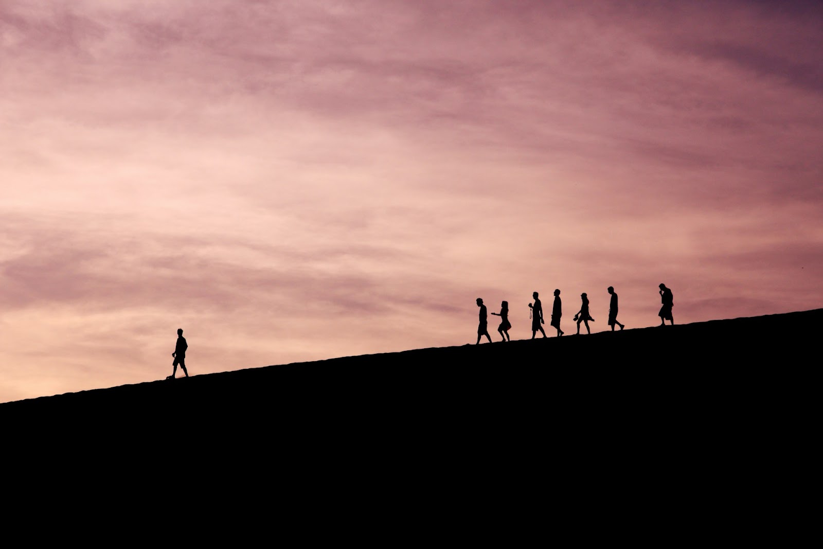 People's shadows on hill at sunset, vibrant sky in background.