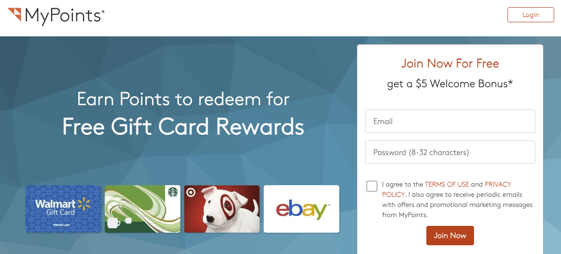 The MyPoints sign-up page displaying some of the gift cards available as rewards, including Walmart, Starbucks, Target, and eBay.