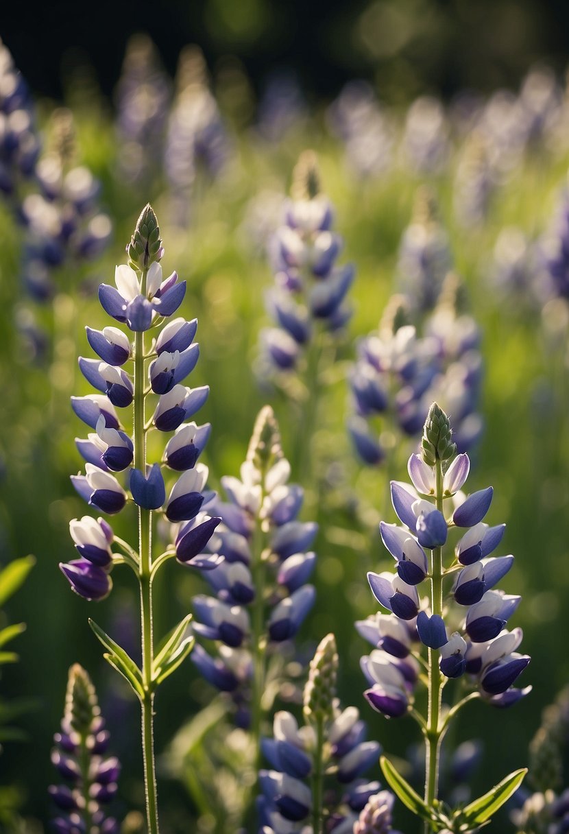 A field of lupine flowers in various shades of white, with tall green stems and delicate petals swaying in the breeze