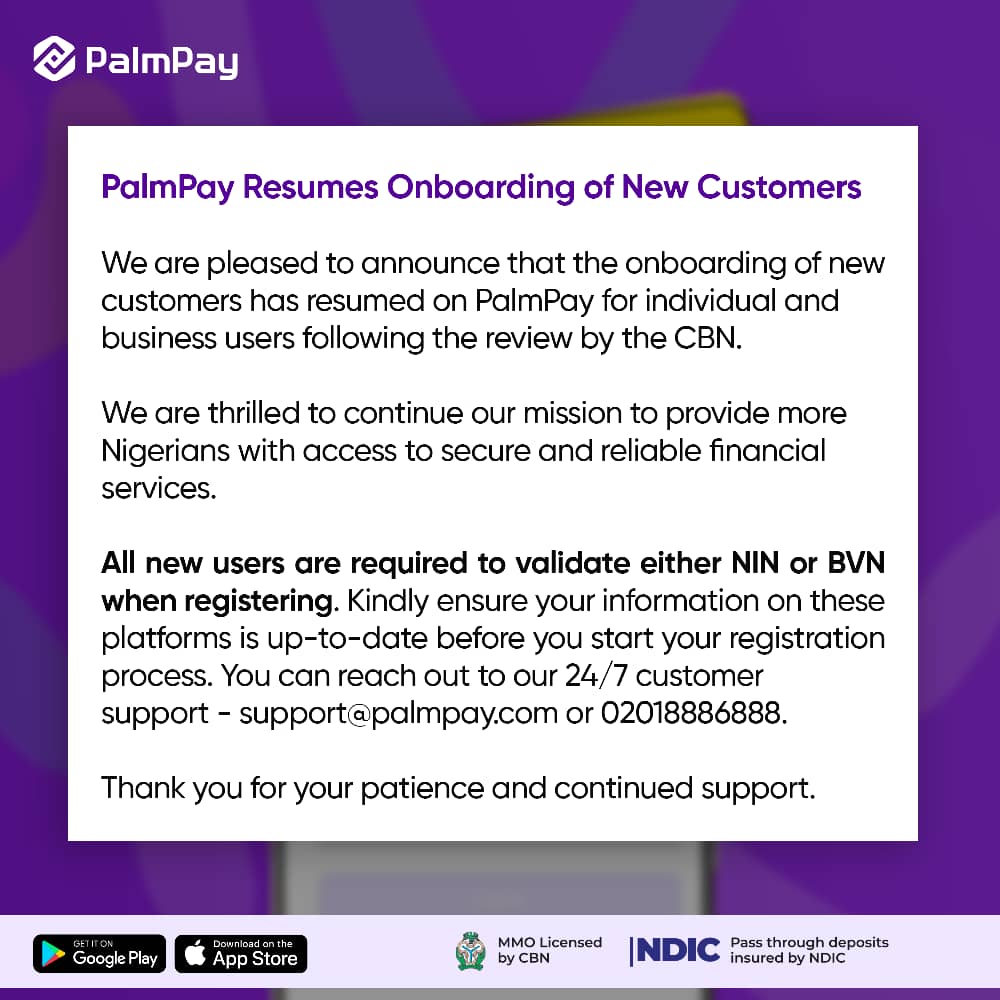 Analysis: OPay, Moniepoint, Palmpay onboard new customers as CBN lifts ban on customer registration