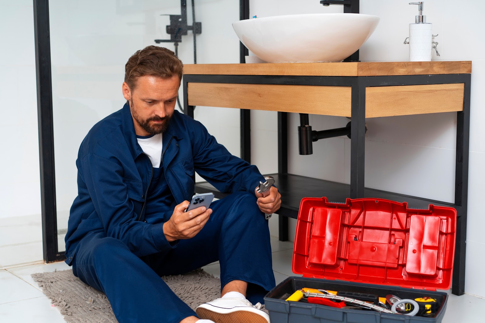 a plumber with his tools and a mobile phone fixing a sink