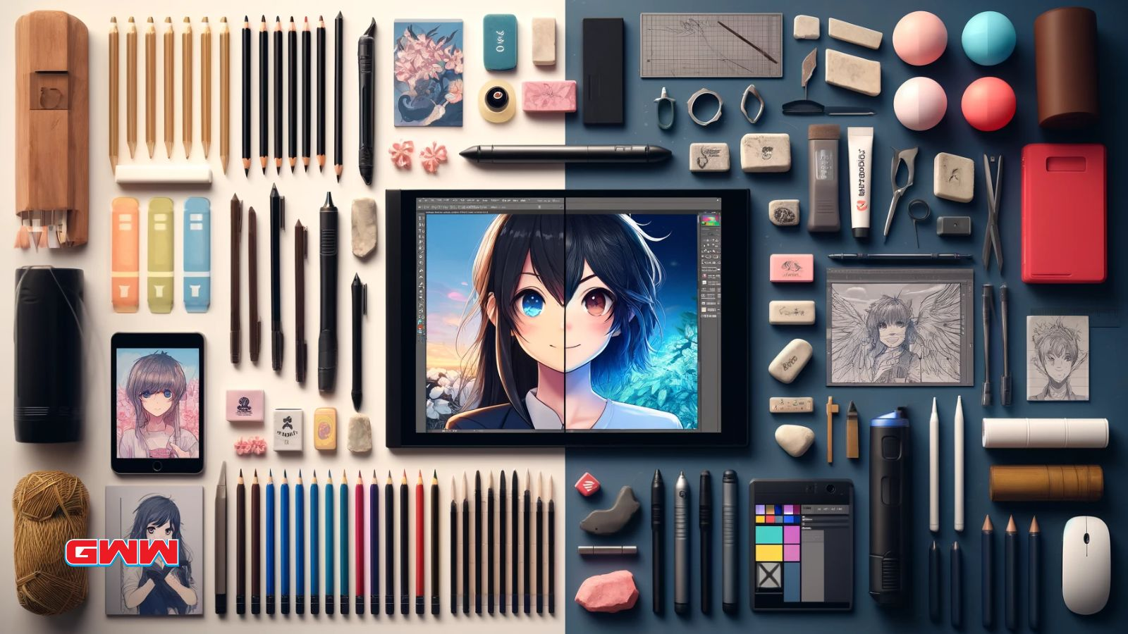 Traditional and digital tools for drawing anime girl hair