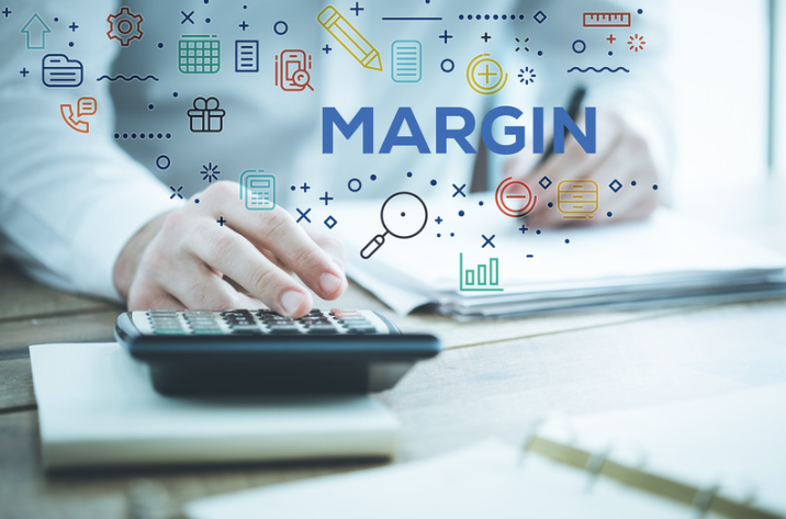 profit margin visual with calculator and colorful math-related icons