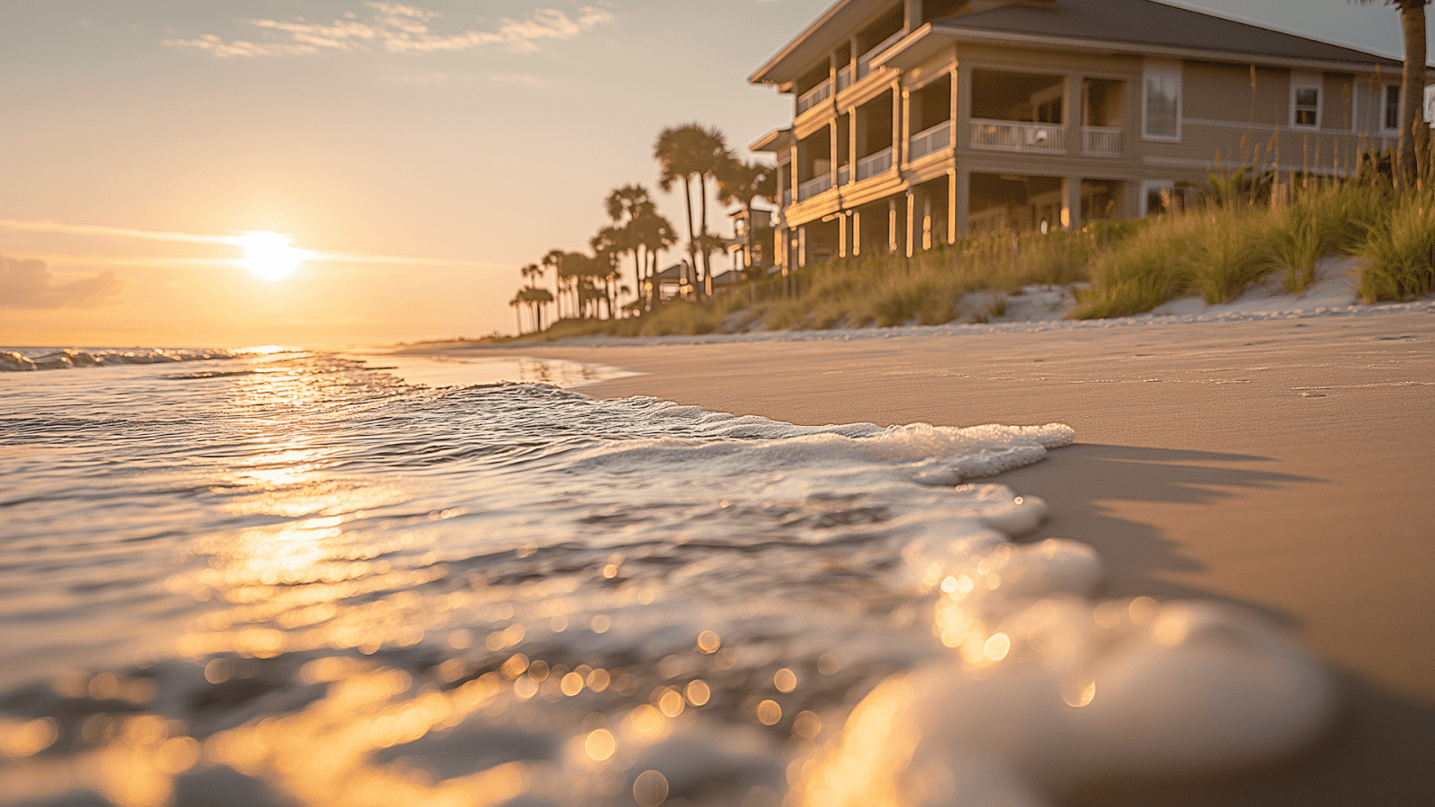 A sunset view with a gentle wave at a beach in Palmetto Dunes highlighting serene places to go swimming