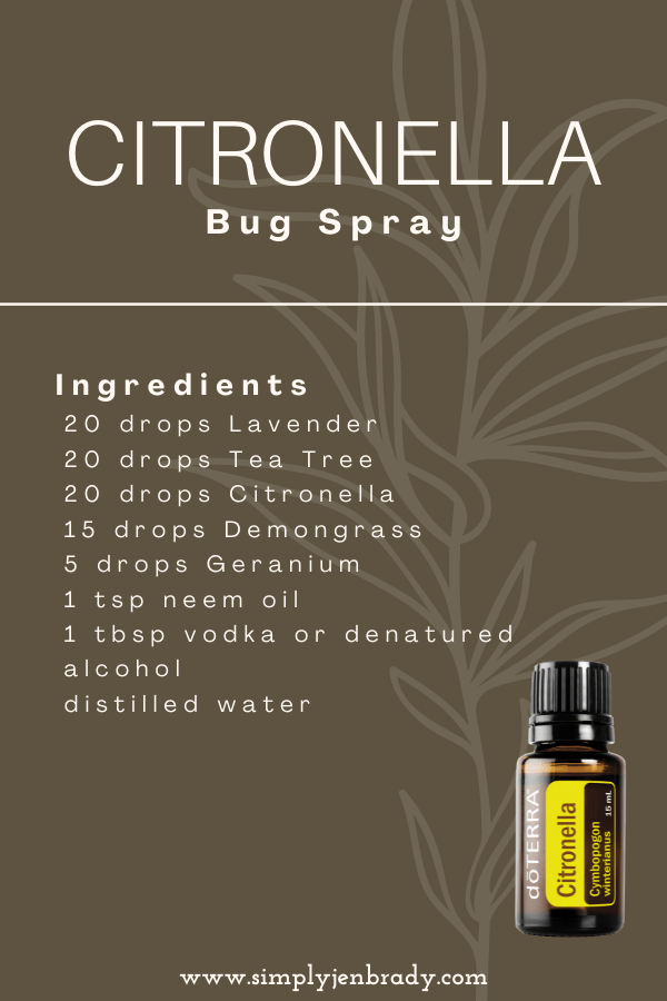 A bug spray recipe using all natural ingredients.