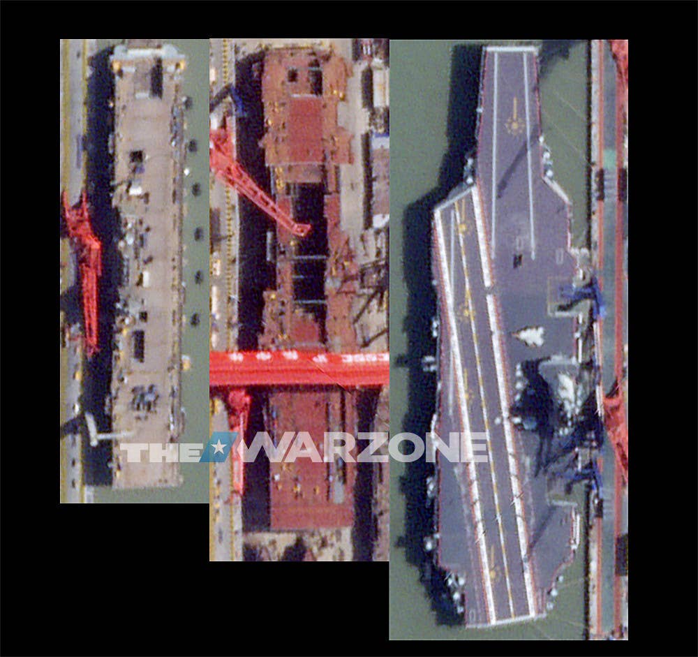 Left-to-right: A to-scale side-by-side comparison of a Chinese Type 075 amphibious assault ship under construction, the still-under-construction Type 076, and the aircraft carrier <em>Fujian</em>. This underscores the unique dimensions of the Type 076 compared to other large big deck amphibious assault ships like the Type 075. <em>PHOTO © 2024 PLANET LABS INC. ALL RIGHTS RESERVED. REPRINTED BY PERMISSION</em>