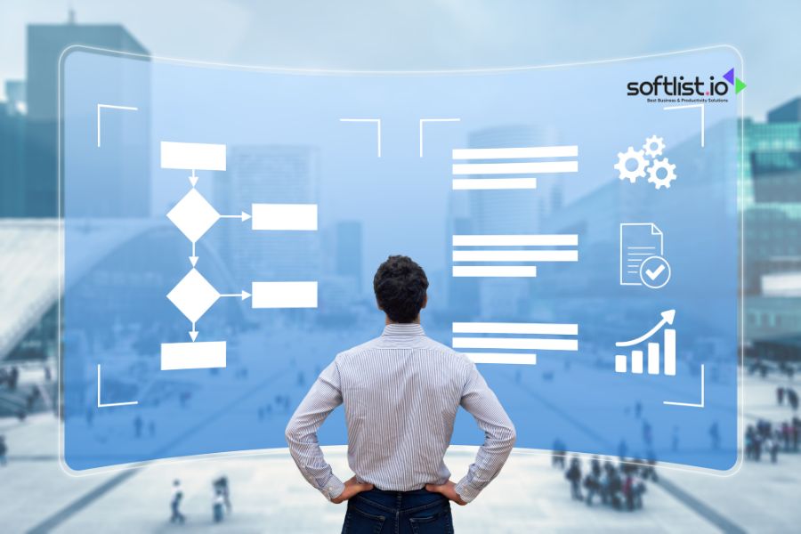 Man analyzing digital flowchart on a transparent screen.