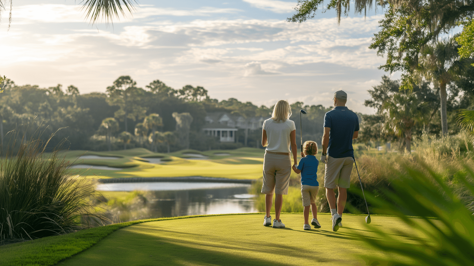 A family walking together on a golf course in Palmetto Dunes