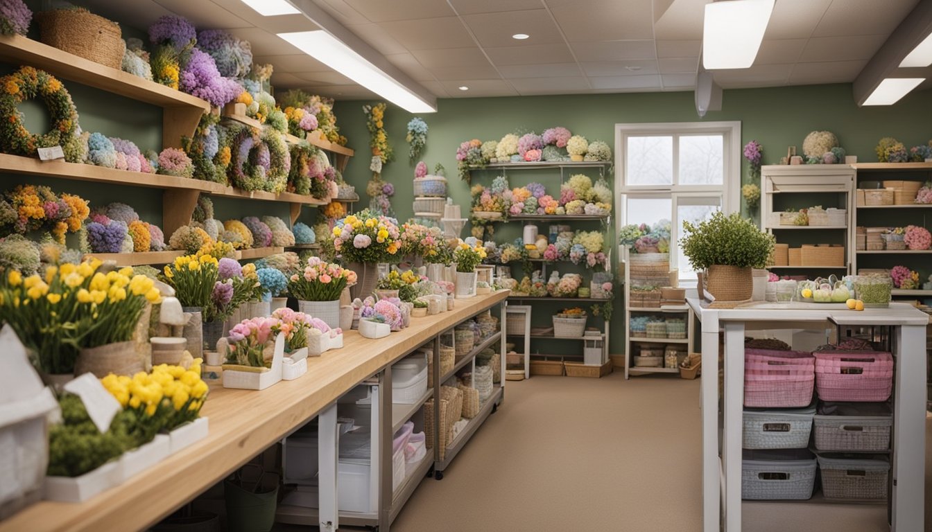 A workshop with tables covered in colorful Easter wreaths, tools, and supplies. A sign reads "Care and Maintenance" above shelves of ribbon and floral decorations