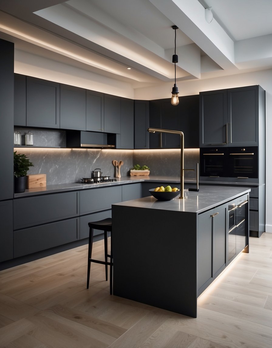 A modern kitchen with charcoal gray cabinets, sleek hardware, and a clean, minimalist design