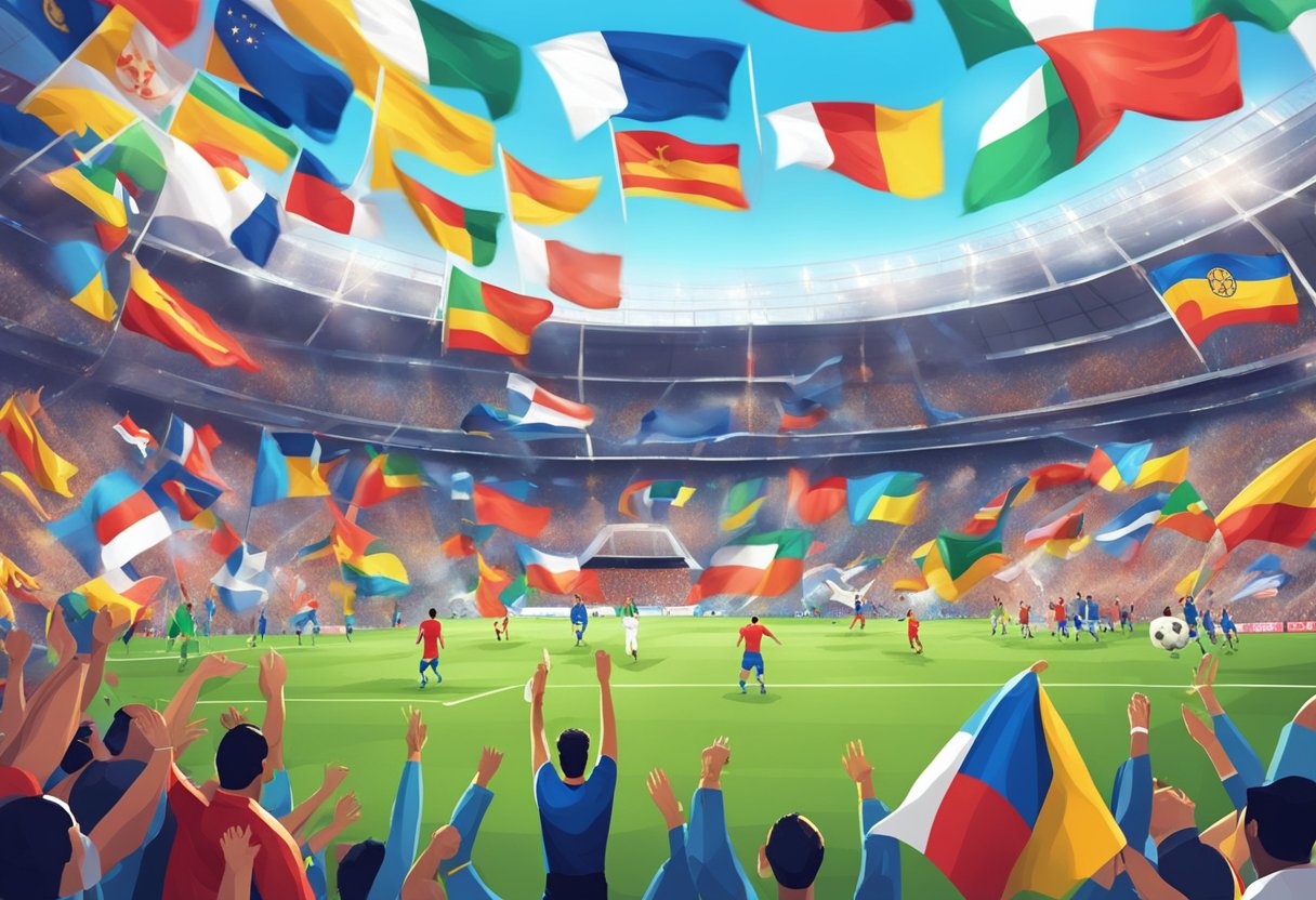A crowded stadium erupts in cheers as players compete in the 2024 UEFA European Football Championship. Flags wave, and the pitch is alive with action