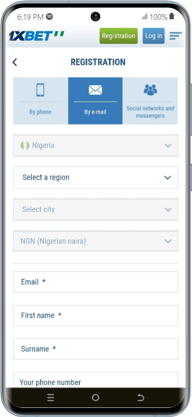 1xBet registration page