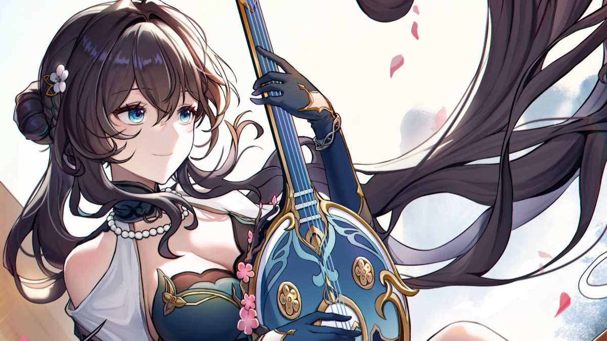 Ruan Mei smiling with her instrument in Honkai: Star Rail.