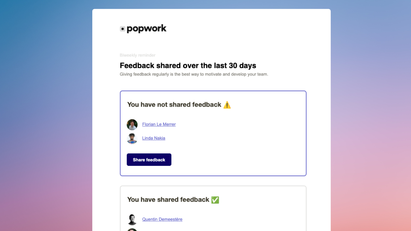 Illustration rappel de partager du feedback sur Popwork