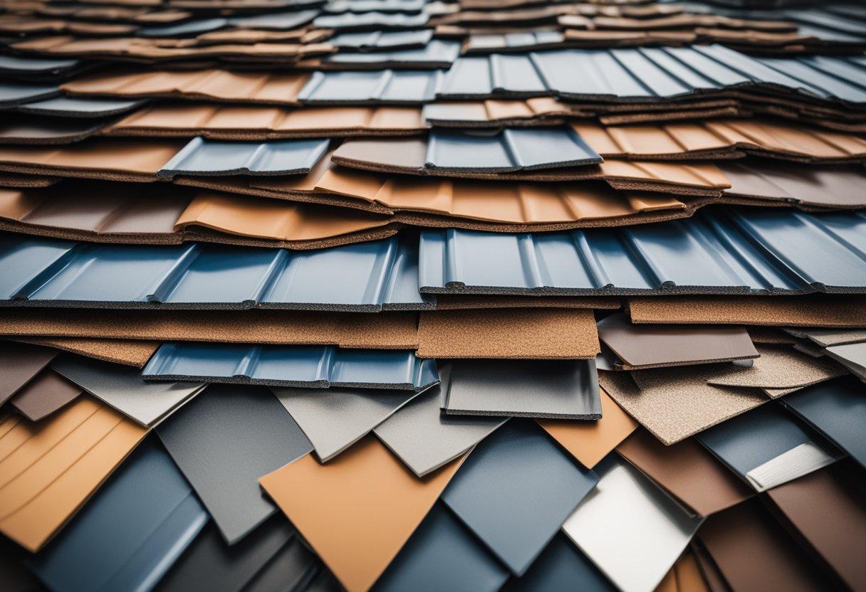 A variety of roofing materials lie scattered on a table, including shingles, metal panels, and clay tiles. A chart on the wall displays factors influencing material choice