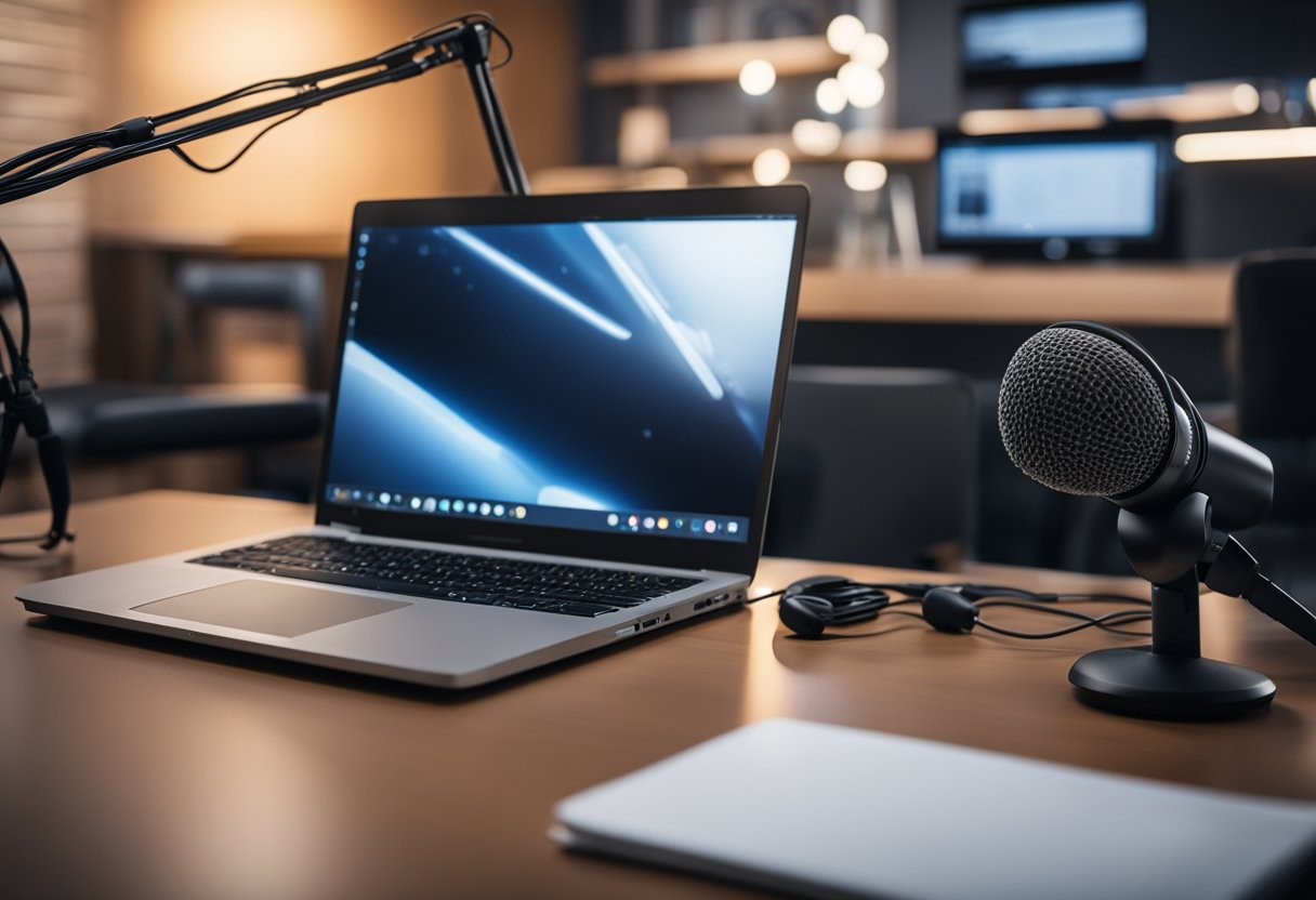 A desk with a laptop, microphone, and headphones. Soundproof foam panels on the walls. Soft lighting and a comfortable chair