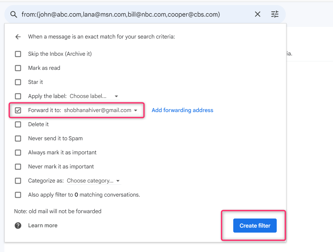 Screengrab showcasing Gmail's filter settings, where emails from specific senders are set to automatically forward to 'shobhanahiver@gmail.com'. Highlighting email automation features beneficial for efficient customer support."