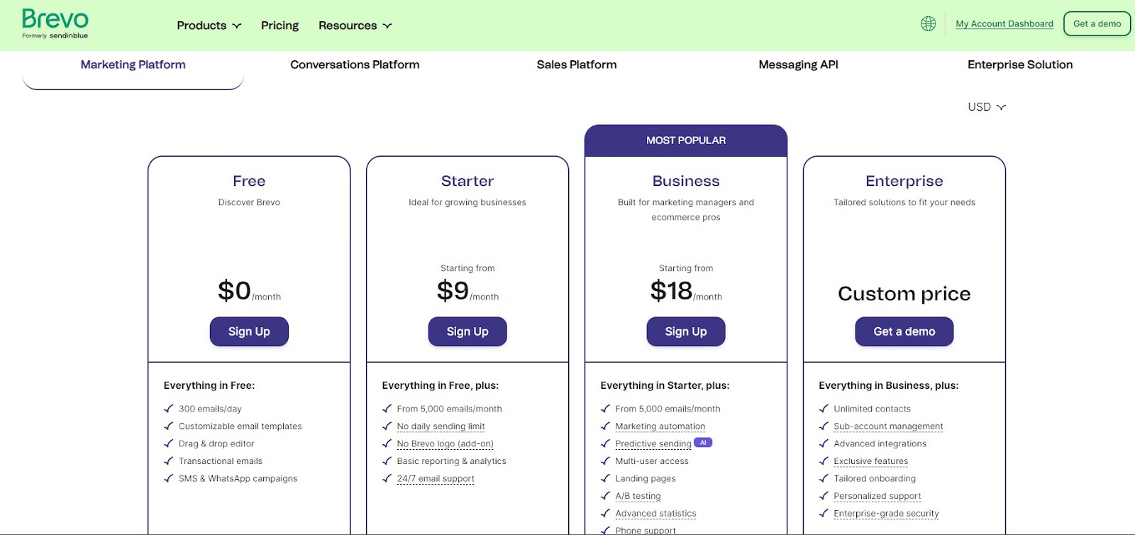 pricing page of brevo for WordPress email sending 