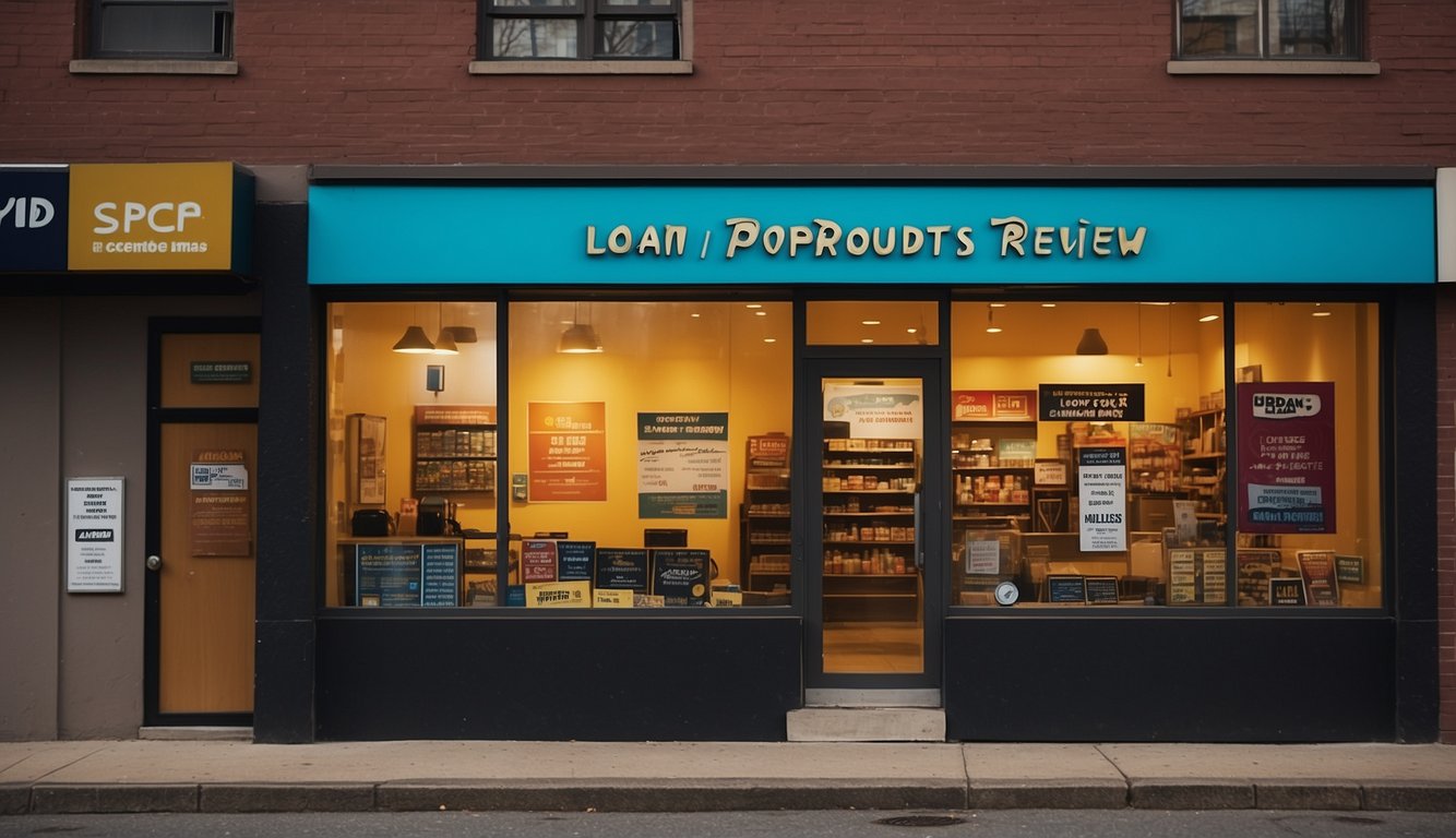 A storefront sign reads "Loan Products S P Credit Licensed Money Lender Review." Bright colors and clear lettering draw attention to the business