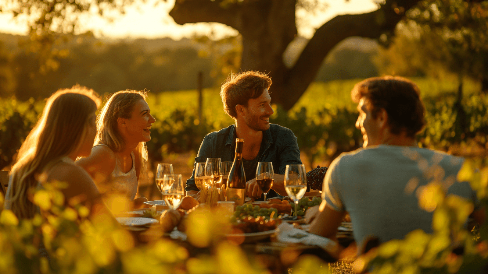A group enjoys a sunset dinner among vineyards at a wine country cottage rental