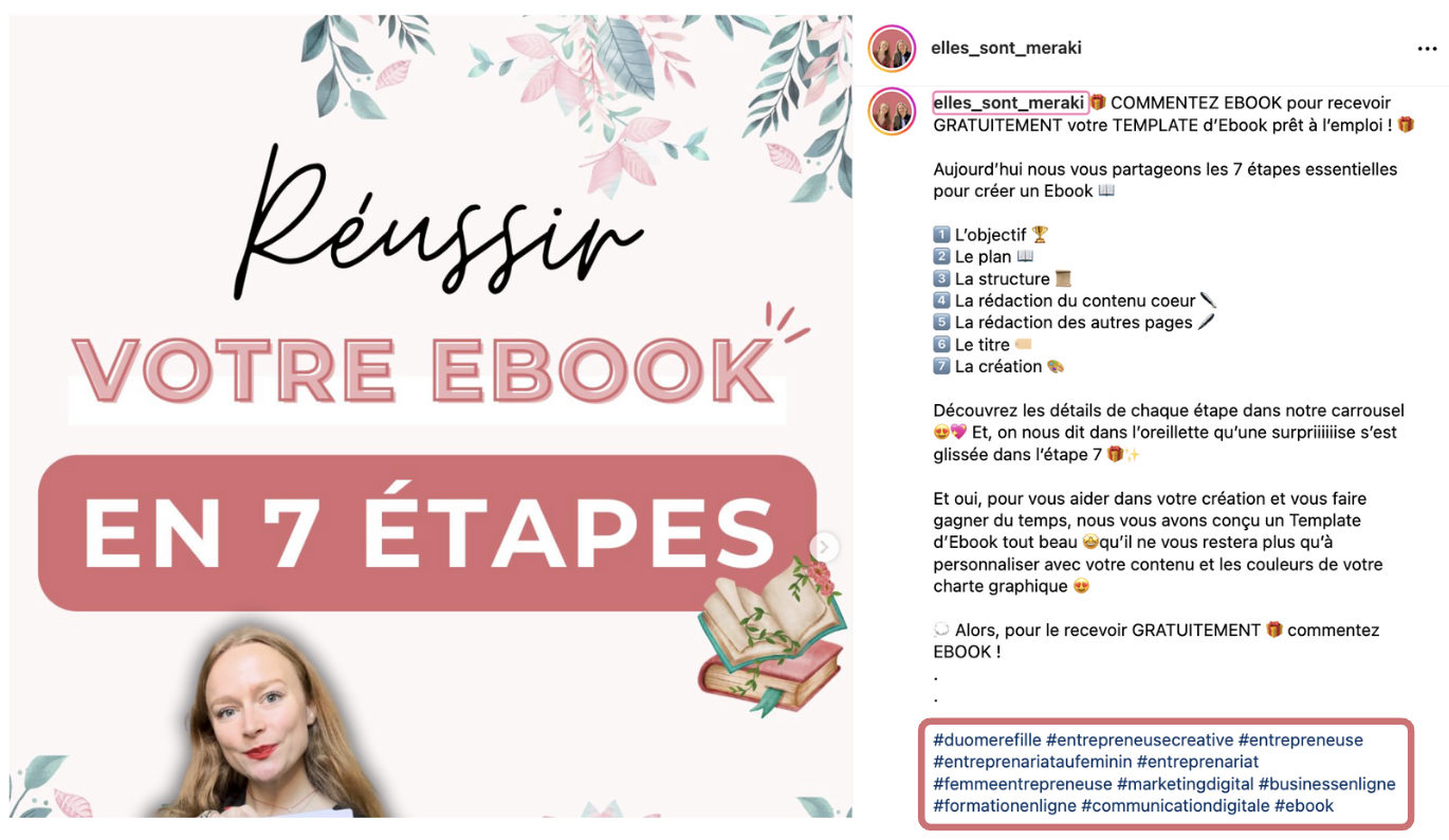 Capture d'écran d'un post instagram utilisant des hashtags et permettant la mise en avant du post et du profil augmentant le référencement SEO Instagram.