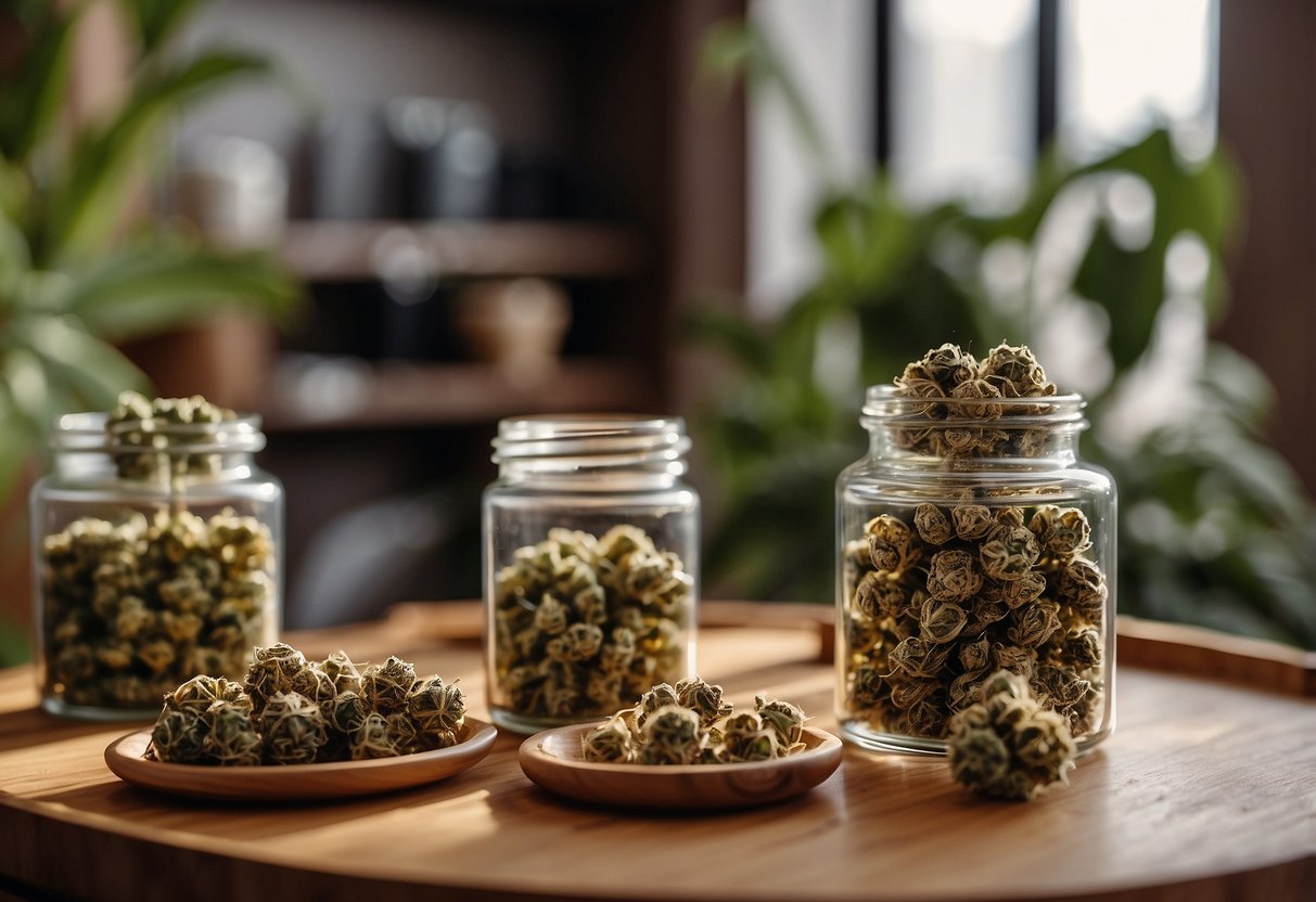 A cozy, well-lit living room with a variety of craft cannabis products displayed on a wooden table. A knowledgeable person is discussing the different considerations for buying craft cannabis with a group of interested individuals