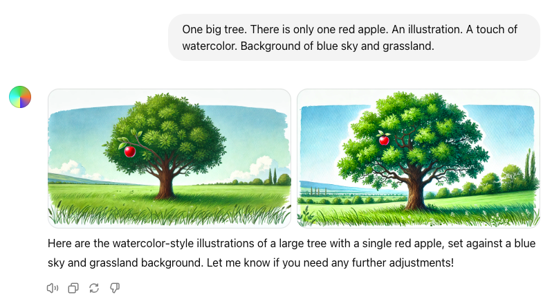 ChatGPTのDALL-E3を使って生成したリンゴの木の画像。英語を使って生成した。