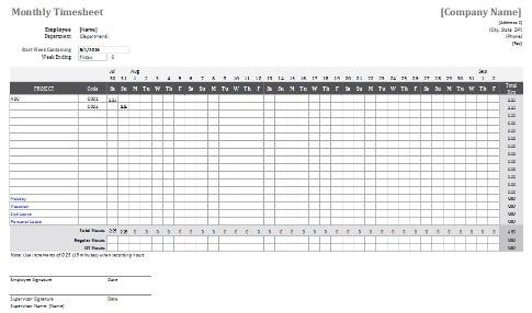 Monthly timesheet template