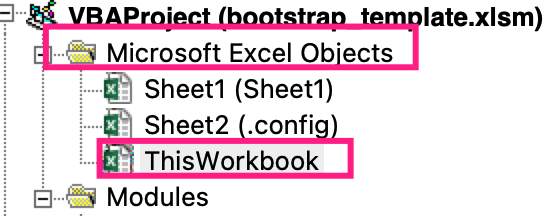 A screenshot of the Project navigation tree in the Excel VBA editor, with the Microsoft Excel Objects folder expanded, and the ThisWorkbook item highlighted.