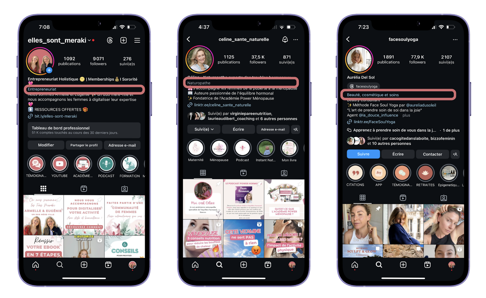 Capture d'écran de 3 biographies Instagram mettant en avant la profession de chaque profil sous la photo de profil Instagram permettant un SEO Instagram optimisé.