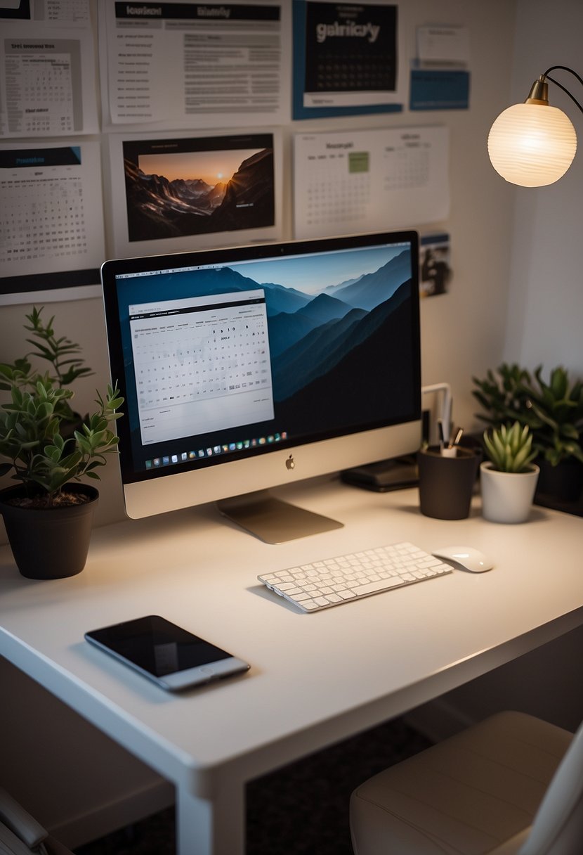 A desk with a neatly organized workspace, a laptop open to a productivity article, a calendar with marked deadlines, and motivational quotes on the wall