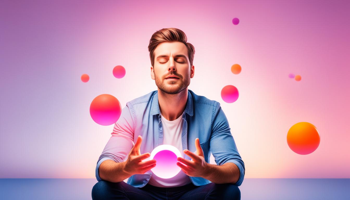 An image of a person sitting in front of their phone, eyes closed, with a focused expression. The background should have the colors of a sunset, with warm oranges and pinks. The person's hands should be placed on their lap, with their palms facing upwards as if they are ready to receive. Above their head, there should be three glowing orbs in a triangular formation, representing the 369 method. The overall mood of the image should be calm and peaceful, with a sense of energy and hope for the awaited text message.