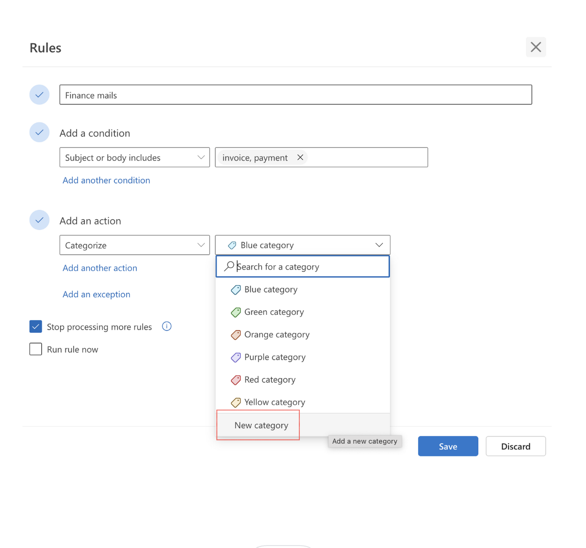 Filtering emails based on categories in Outlook