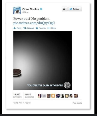 Oreo's tweet during 2013 super bowl blackout showing cookie in spotlight with text "you can still dunk in the dark"