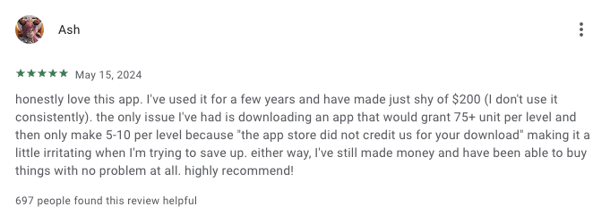 A 5-star Google Play review from a Mistplay user who has made nearly $200 in their free time over the past 2 years. 