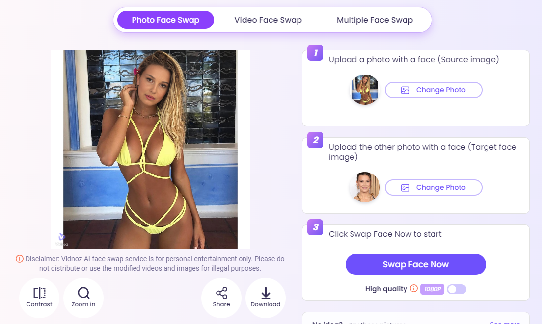Vidnoz AI Face Swap - Directly Face Swap to Make Millie Bobby Brown Deepfake