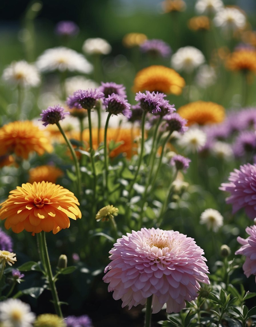 A colorful garden with fragrant plants in bloom, emitting delightful scents. Various flowers and herbs create a pleasant and inviting atmosphere