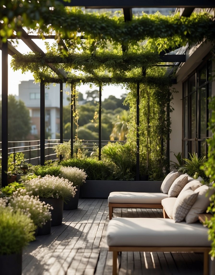 A lush rooftop garden adorns a stylish terrace pergola, creating a serene and inviting outdoor space