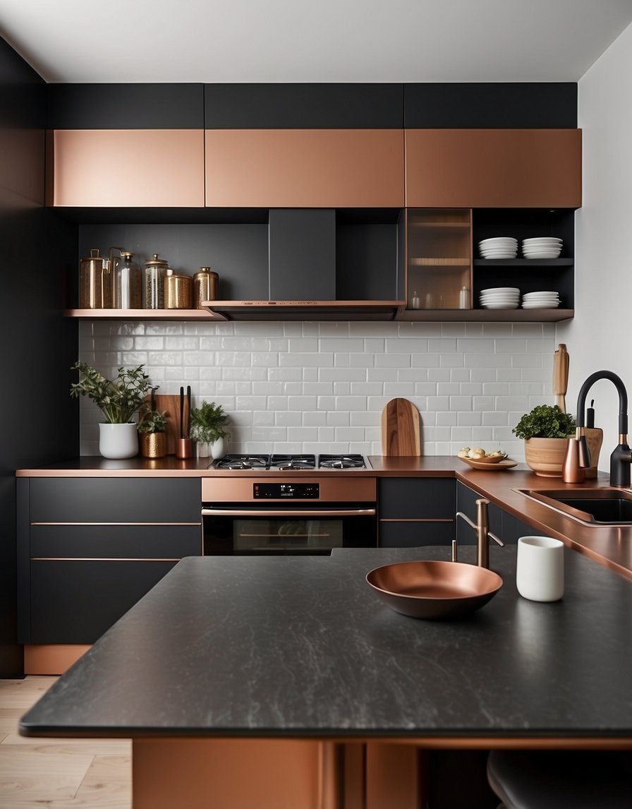 A modern kitchen with copper-colored cabinets, sleek countertops, and minimalist decor