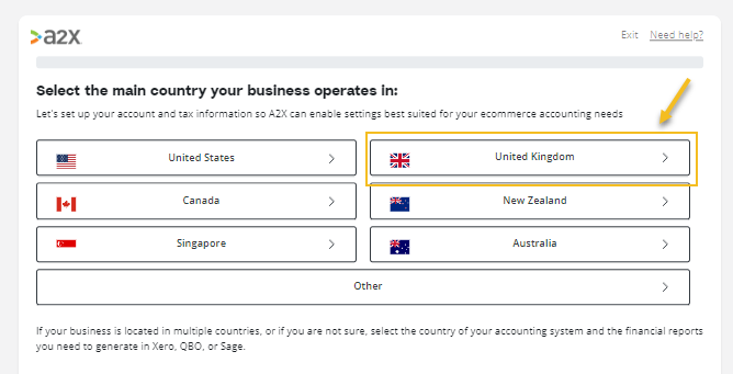 A screenshot of the A2X VAT mapping questionnaire: Select the main country your business operates in