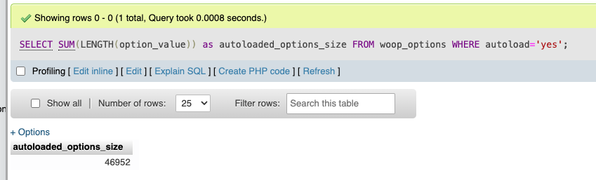 Image of the result of the SQL query showing the total size of autoloaded options.