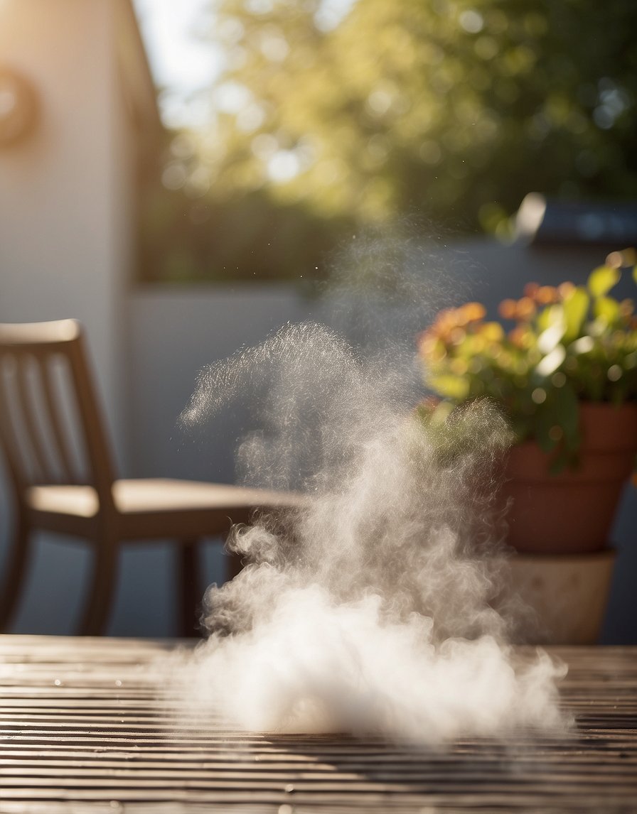 A patio with bug foggers releasing mist to get rid of flies