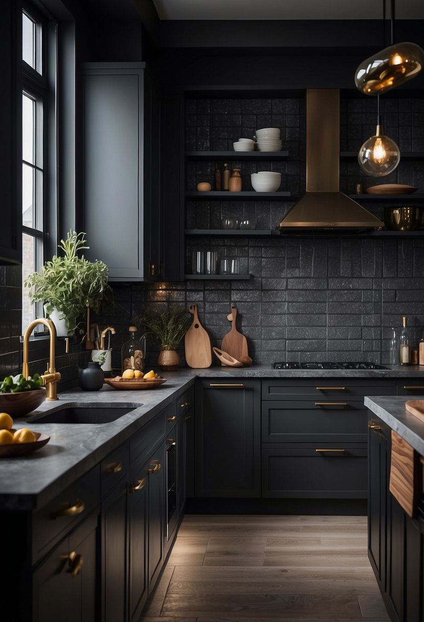 The moody kitchen features dark gray cabinets, creating a dramatic and sophisticated atmosphere. Lighting casts shadows, adding depth to the space