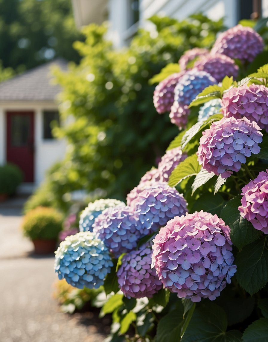 Twenty-one hydrangea bushes line the front of a quaint house, their vibrant blooms creating a colorful display against the white exterior