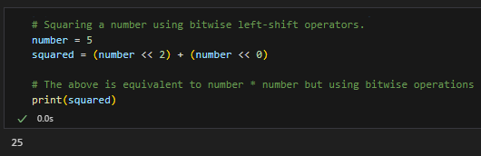 Example output of Python square using bitwise operators.